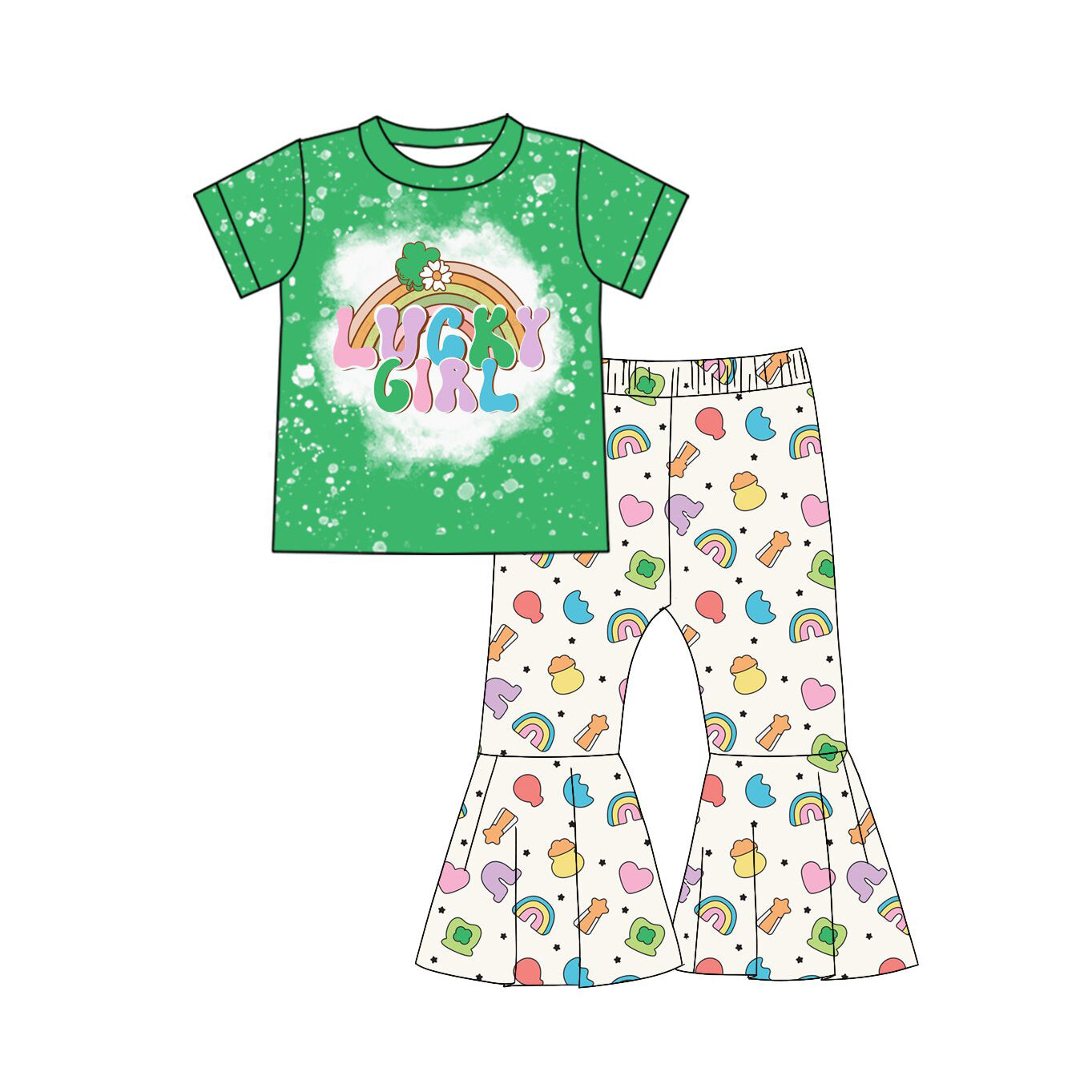 10.3 GSPO2101 Pre order No Moq Baby Girls Clover Lucky Girl Top Bell Bottom Pants St Patrick Clothes Sets