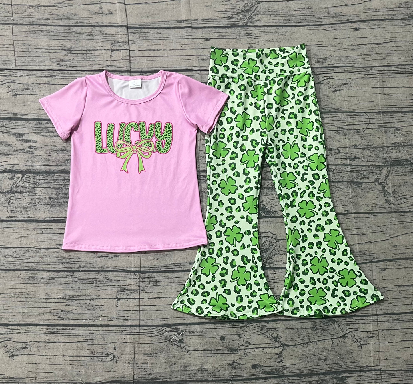 1.14 GSPO2104 Smple No Moq Baby Girls Clovers Bows Lucky Top Bell Bottom Pants St Patrick Clothes Sets