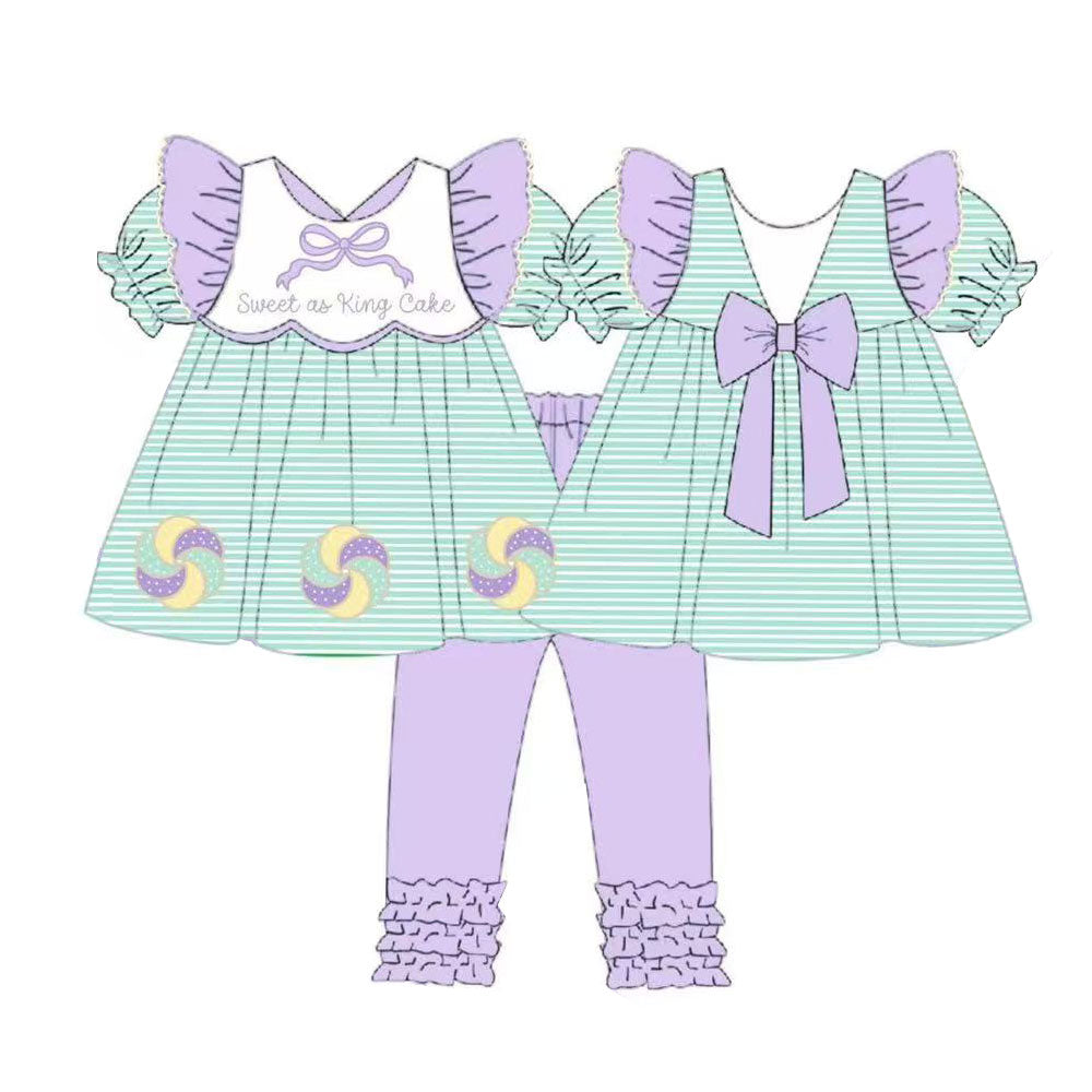 10.11 GSPO2113 Pre order No Moq Baby Girls Mardigras Sweet as King Cake Tunic Ruffle Leggings Clothes Sets