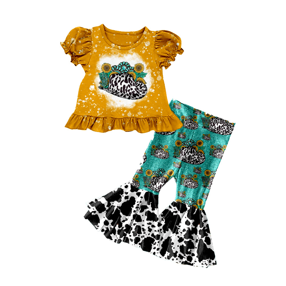 10.13 GSPO2115 Pre order No Moq Baby Girls Sunflowers Turquoises Top Bell Bottom Pants Western Clothes Sets