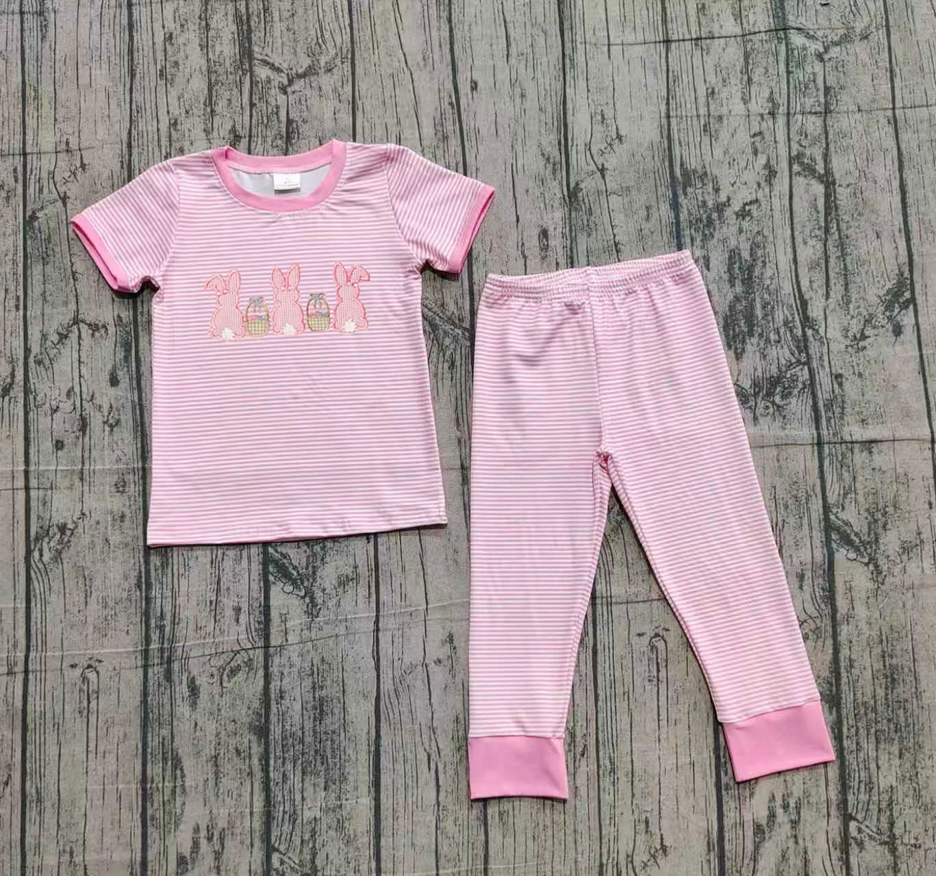 10.20 GSPO2117 Sample No Moq Embroidery Rabbits Eggs Baby Girls Pink Stripe Top Pants Easter Pajamas Sets