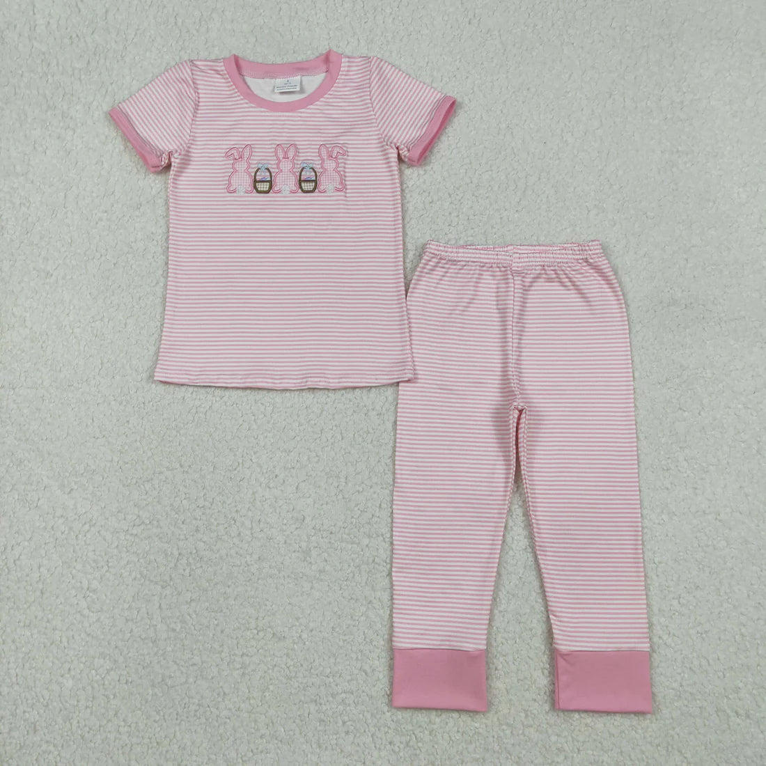 12.12 RTS Sibling Baby Kids Embroidery Rabbits Eggs Stripe Top Pants Easter Pajamas Sets