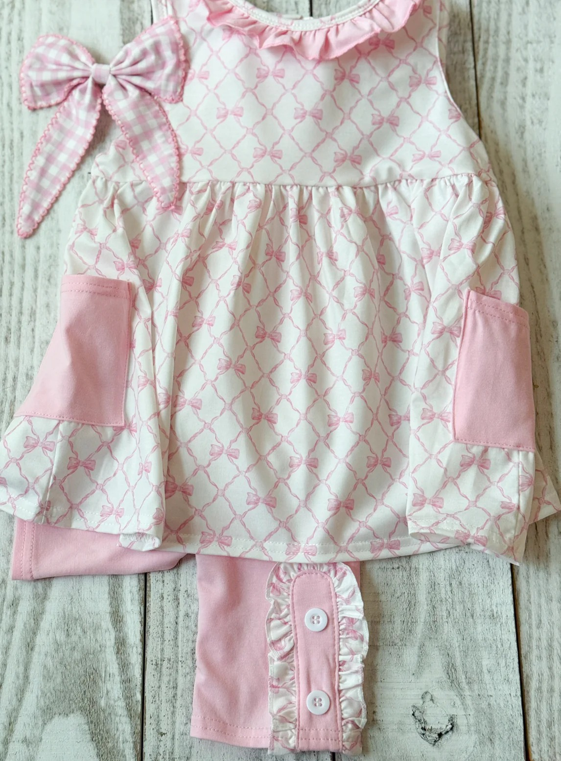 10.14 GSPO2120 Pre order No Moq Baby Girls Pink Bows Checked Pockets Tunic Legging Pants Clothes Sets