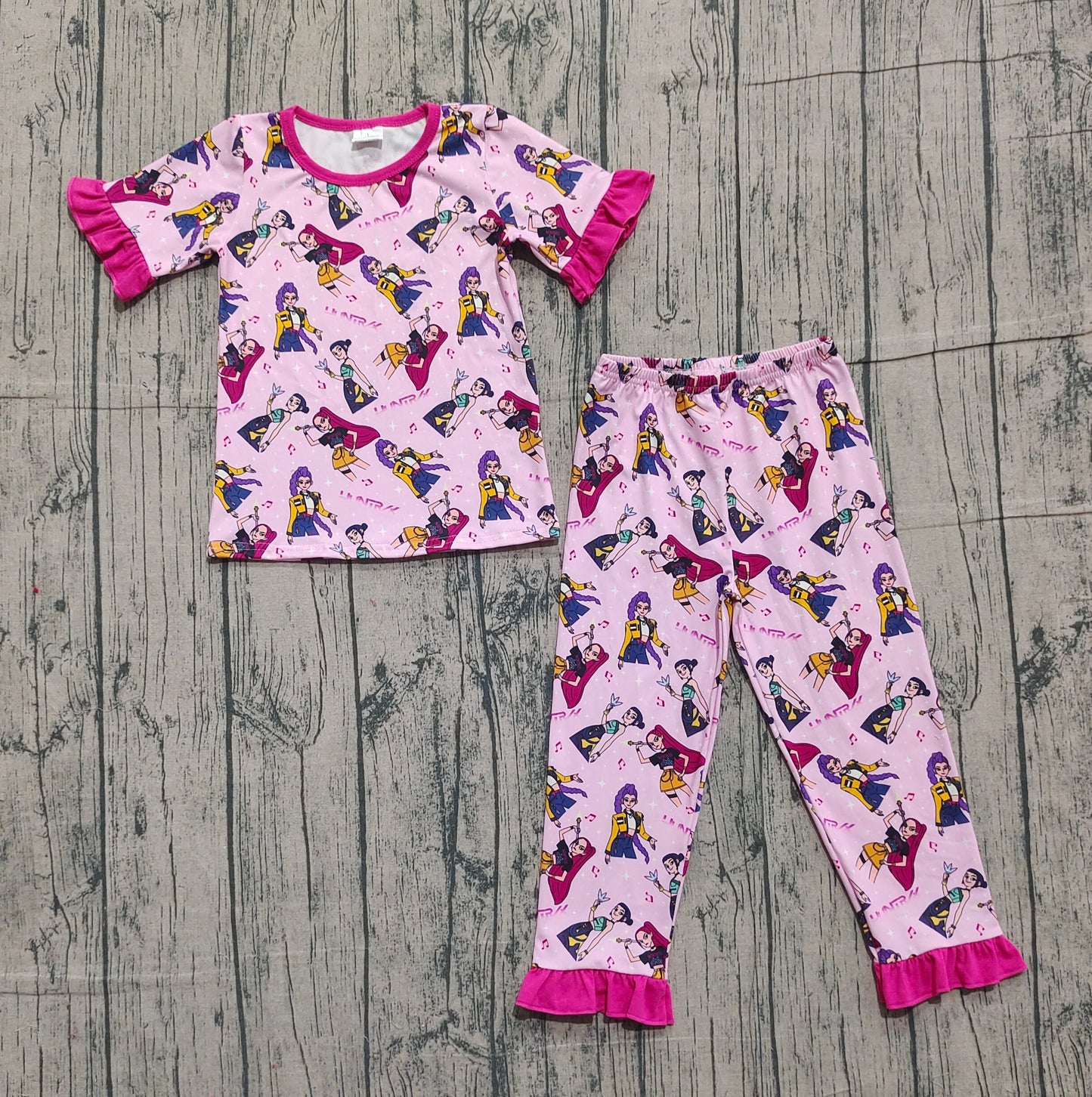 10.28 GSPO2121 Sample No Moq Baby Girls Pink Cartoon Girls Top Ruffle Pants Pajamas Sets
