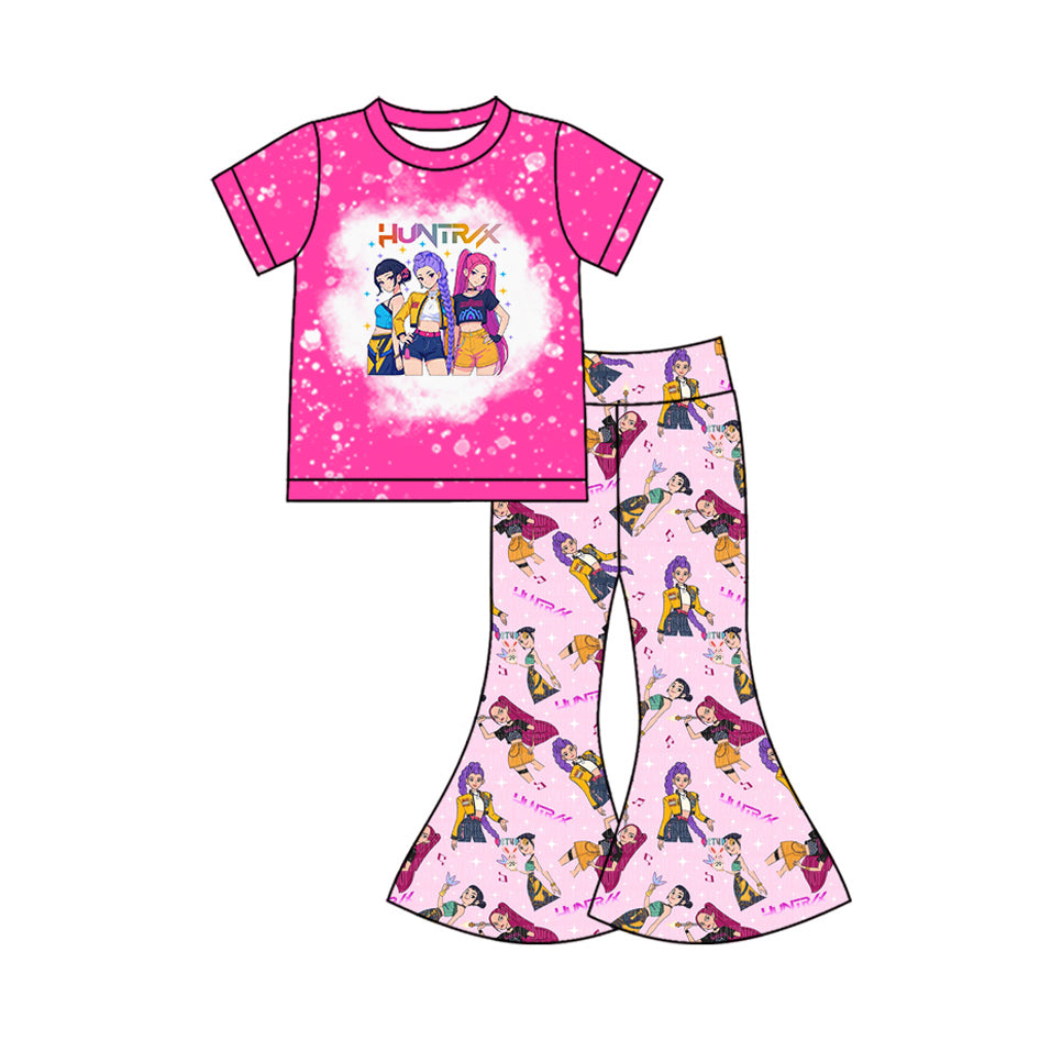 10.15 GSPO2122 Pre order No Moq Baby Girls Pink Cartoon Girls Top Bell Bottom Pants Clothes Sets