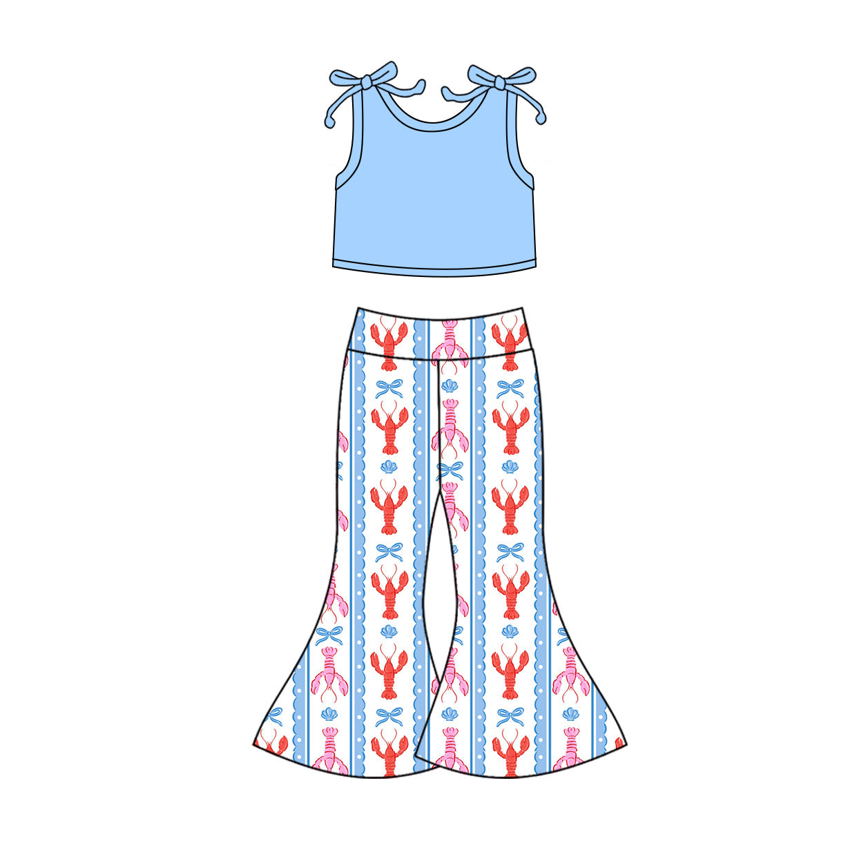 10.15 GSPO2123 Pre order No Moq Baby Girls Blue Sleeveless Vest Crayfishes Bell Bottoms Clothes Sets