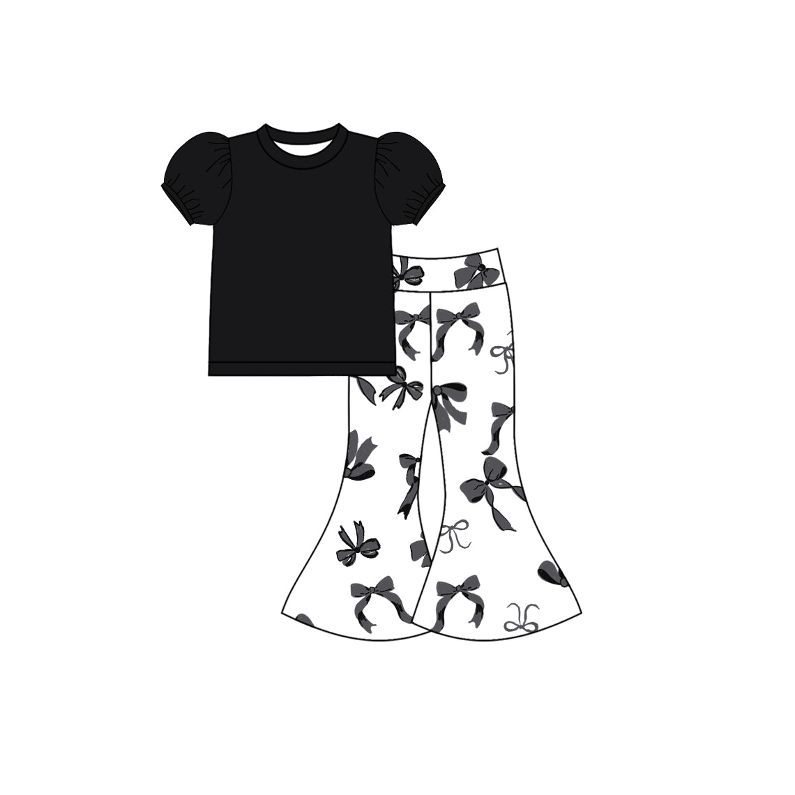 10.22 GSPO2127 Pre order No Moq Baby Girls Shirts Top Black Bows Bell Bottom Pants Clothes Sets