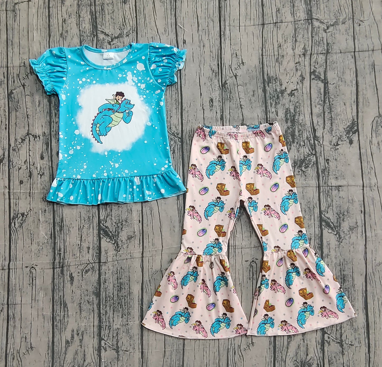 10.27 GSPO2137 Sample No Moq Baby Girls Cartoon Ruffle Top Bell Bottom Pants Clothes Sets
