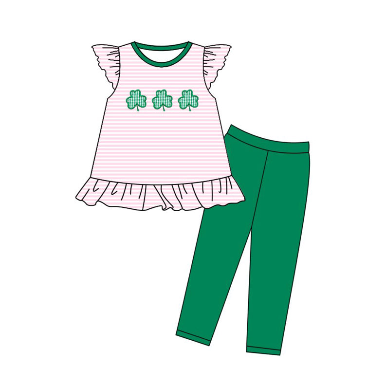 10.23 (Pre Order) No moq GSPO2141 PRE-ORDER Baby Girls Stripe Clovers Tunic Leggings St Patrick Clothes Sets