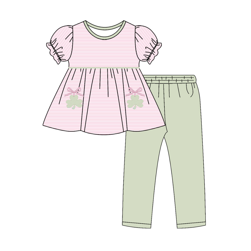 10.29 GSPO2144 Pre order No Moq Baby Girls Bows Clovers Stripe Tunic Leggings St Patrick Clothes Sets