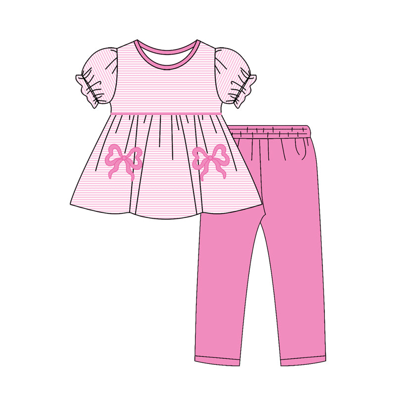 10.27 (Pre Order) No moq GSPO2150 PRE-ORDER Baby Girls Pink Stripe Bows Tunic Leggings Pant Clothes Sets