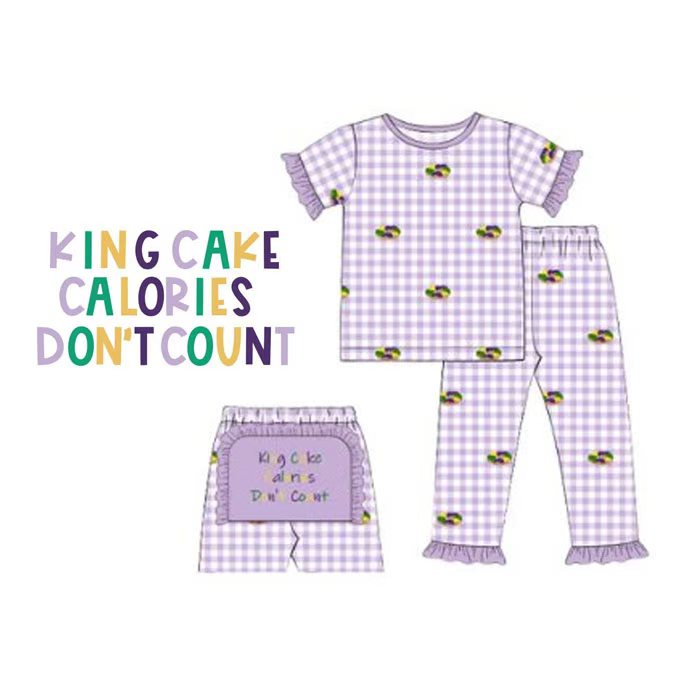 11.1 GSPO2171 Pre order No Moq Baby Girls Mardigras King Cake Donuts Top Ruffle Pants Checked Pajamas Sets