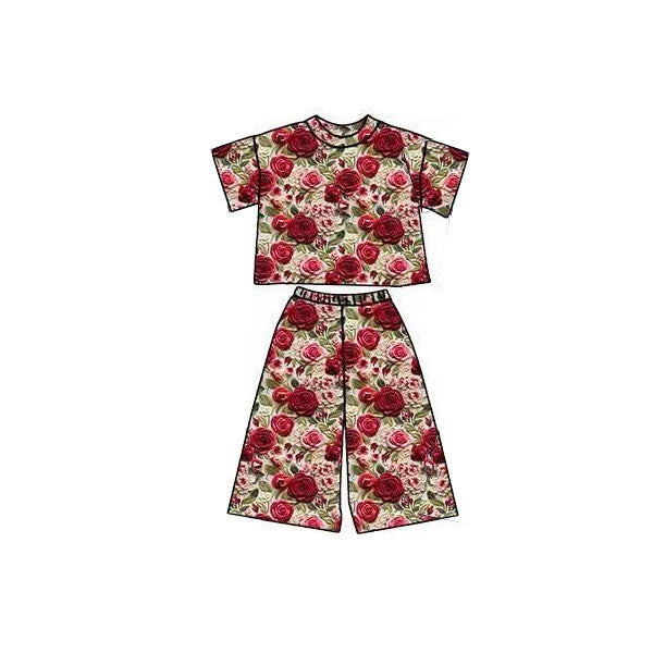 11.3 GSPO2174 Pre order No Moq Baby Girls Red Flowers Plaid Top Flare Pants Clothes Sets