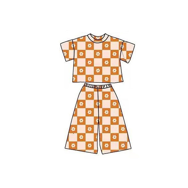 11.3 GSPO2176 Pre order No Moq Baby Girls Orange Flowers Checked Top Flare Pants Clothes Sets