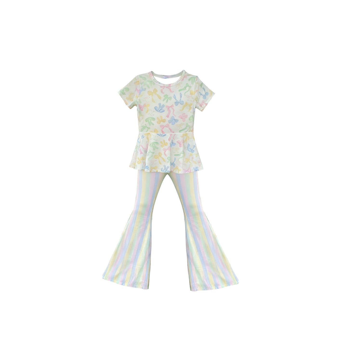 11.8 GSPO2196 Pre order No Moq Baby Girls Colorful Bows Tunic Stripes Bell Bottom Pants Clothes Sets