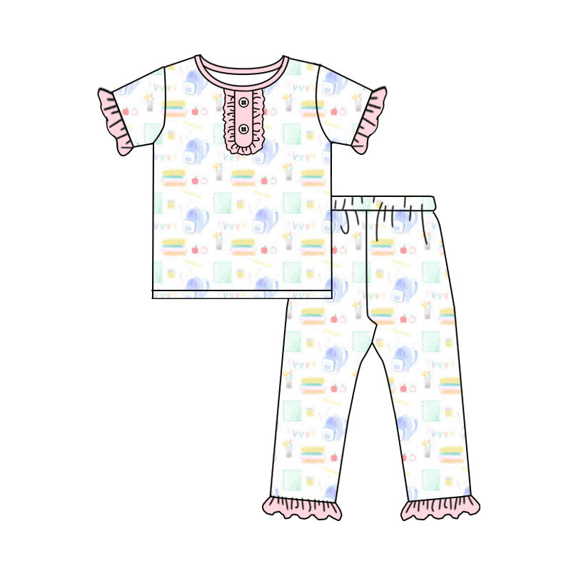 11.13 GSPO2204 Pre order No Moq Baby Girls Button Top Ruffle Pants Back to School Pajamas Set