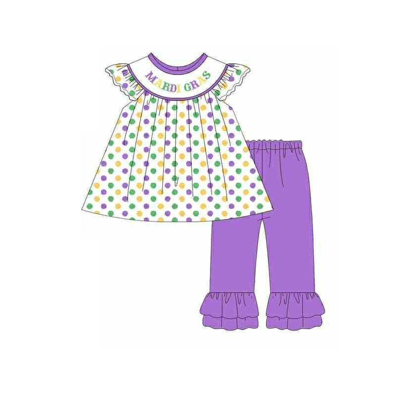 11.14 GSPO2205 Pre order No Moq Baby Girls Mardigras Polka Dots Tunic Ruffle Pants Clothes Sets