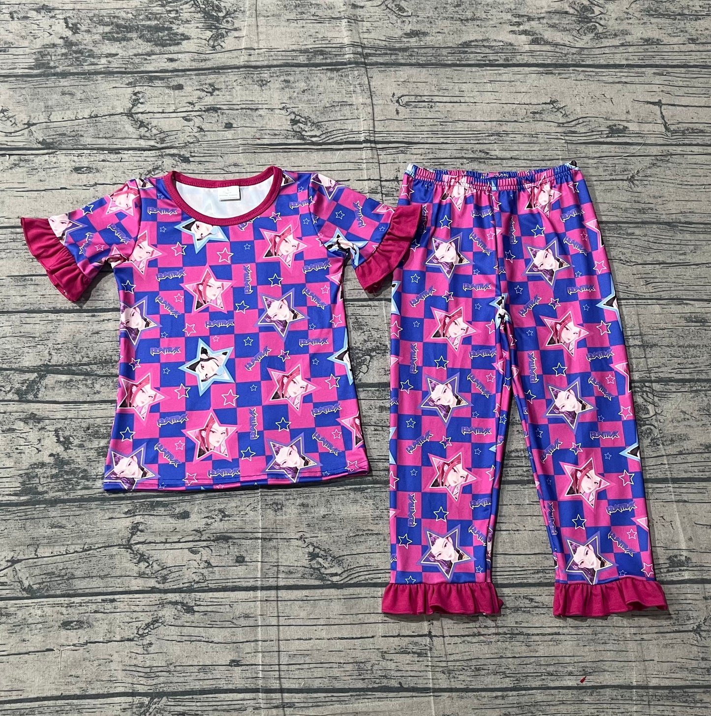1.5 GSPO2230 Smple No Moq Baby Girls Demon Hunter Stars Checked Top Ruffle Pants Pajamas Sets