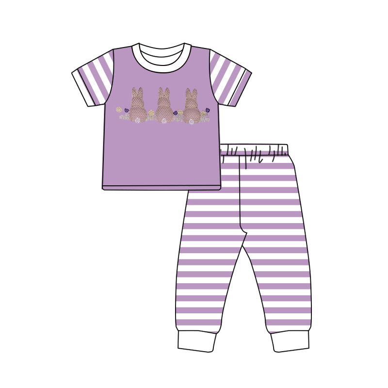 12.5 GSPO2240 Pre order No Moq Baby Girls Flowers Rabbits Top Stripe Pants Easter Pajamas Sets