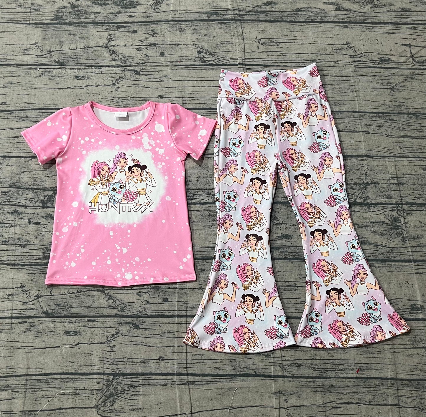 1.5 GSPO2247 Smple No Moq Baby Girls Cartoon Demon Hunters Top Bell Bottom Pants Clothes Sets