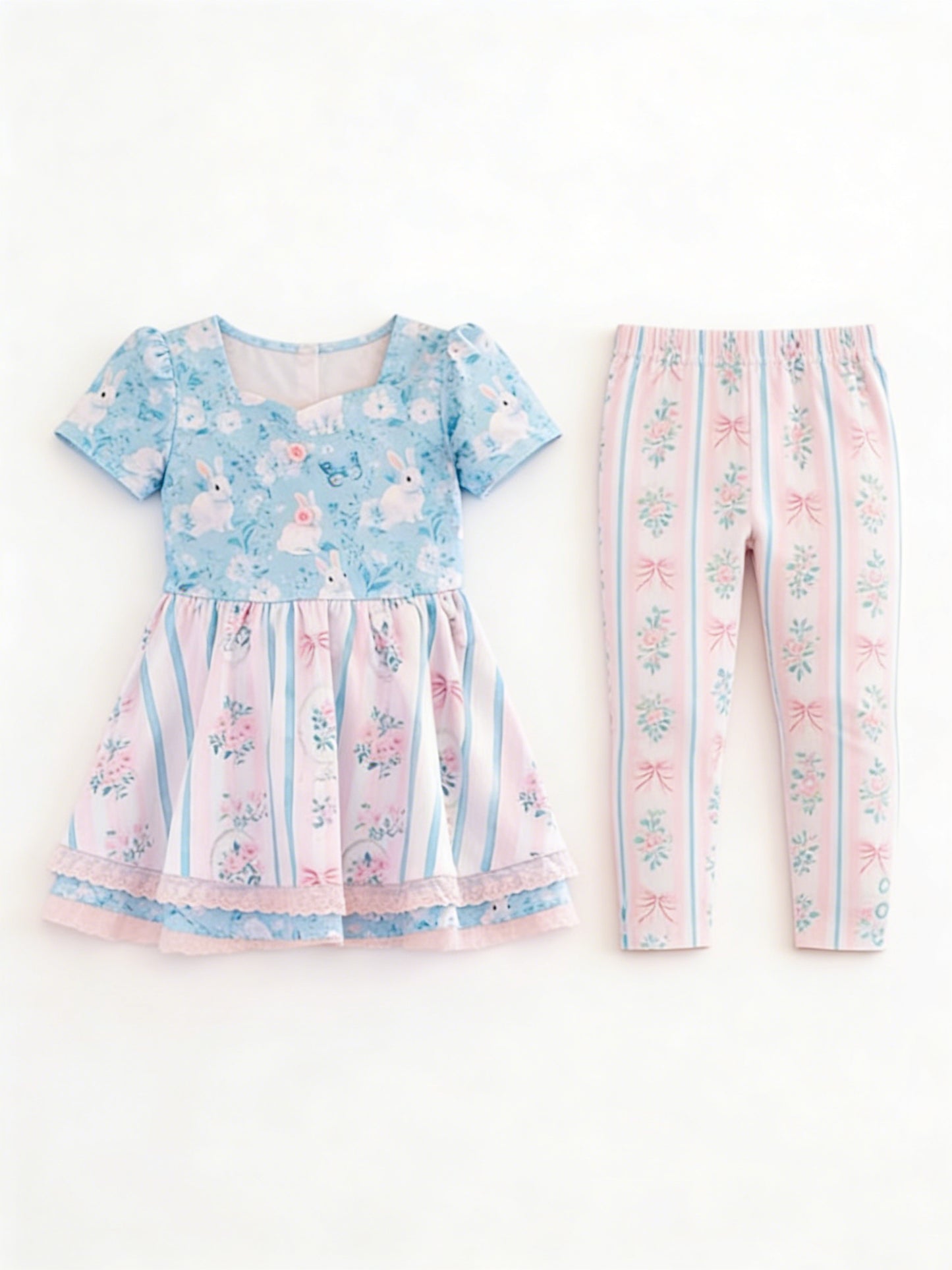 12.11 GSPO2252 Pre order No Moq Baby Girls Rabbit Flowers Stripe Tunic Legging Pants Easter Clothes Sets