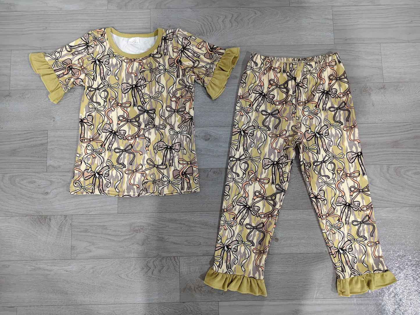 GSPO2264 Sample No Moq Baby Girls Southern Olive Camo Bows Top Ruffle Pants Hunting Pajamas Sets