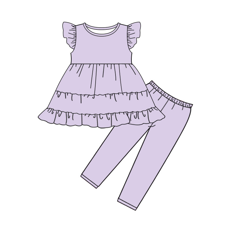1.5 GSPO2278 Pre order No Moq Baby Girls Lavender Flutter Sleeve Patchwork Tunic Leggings Clothes Sets
