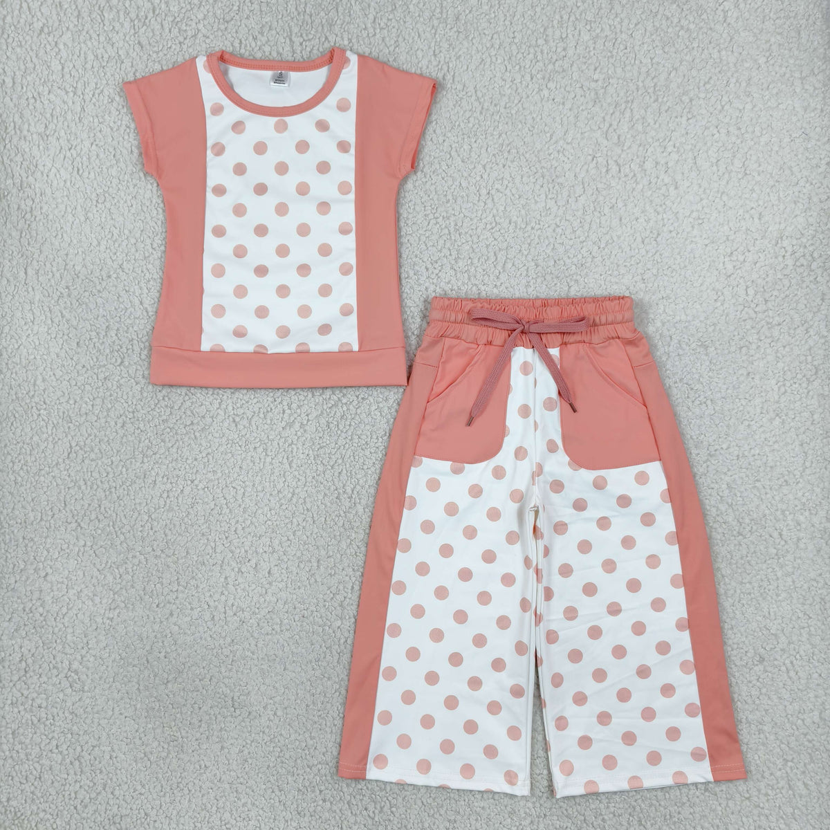 RTS NO MOQ (In stock)yoga fabric cotton GSPO2333 Baby Girls Peach Polka Dots Top Pockets Flare Pant Clothes Sets