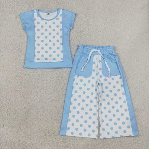 RTS NO MOQ Sibling yoga fabric Baby Girls Polka Dots Pockets Flare Pant Yoga Active Clothes Sets