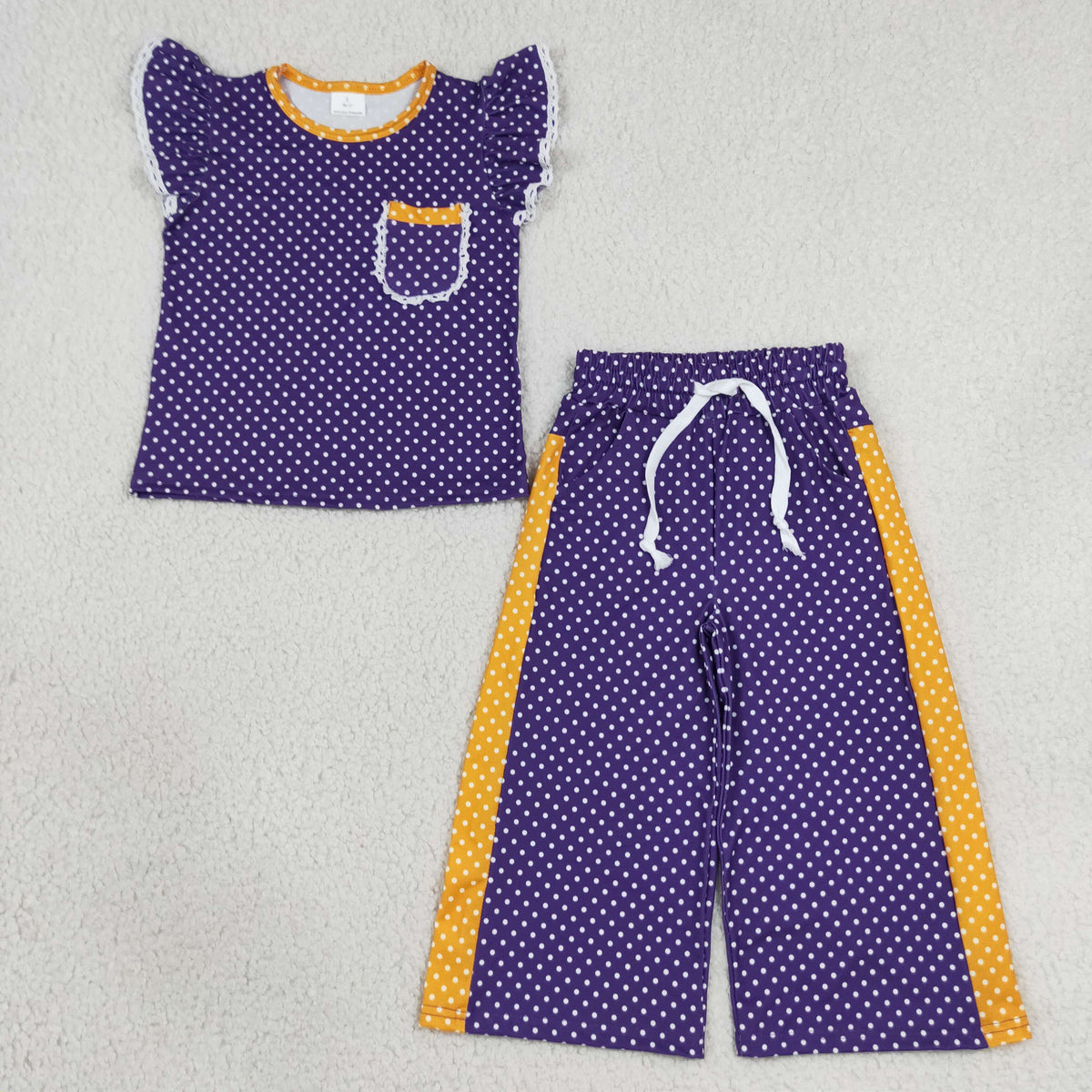 RTS NO MOQ (In stock)GSPO2366 milk silk Baby Girls Purple Polka Dots Pocket Top Flare Pant Clothes Set