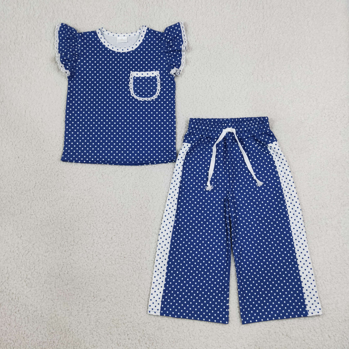 RTS NO MOQ (In stock)milk silk GSPO2372 Baby Girls Blue Polka Dots Pocket Top Flare Pant Clothes Set