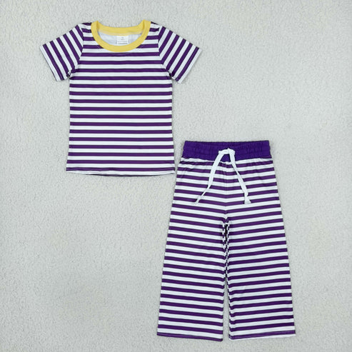 RTS NO MOQ Sibling milk silk Baby Girls Striped Short Sleeve Top And Drawstring Wide Leg Pants Casual Clothes Set