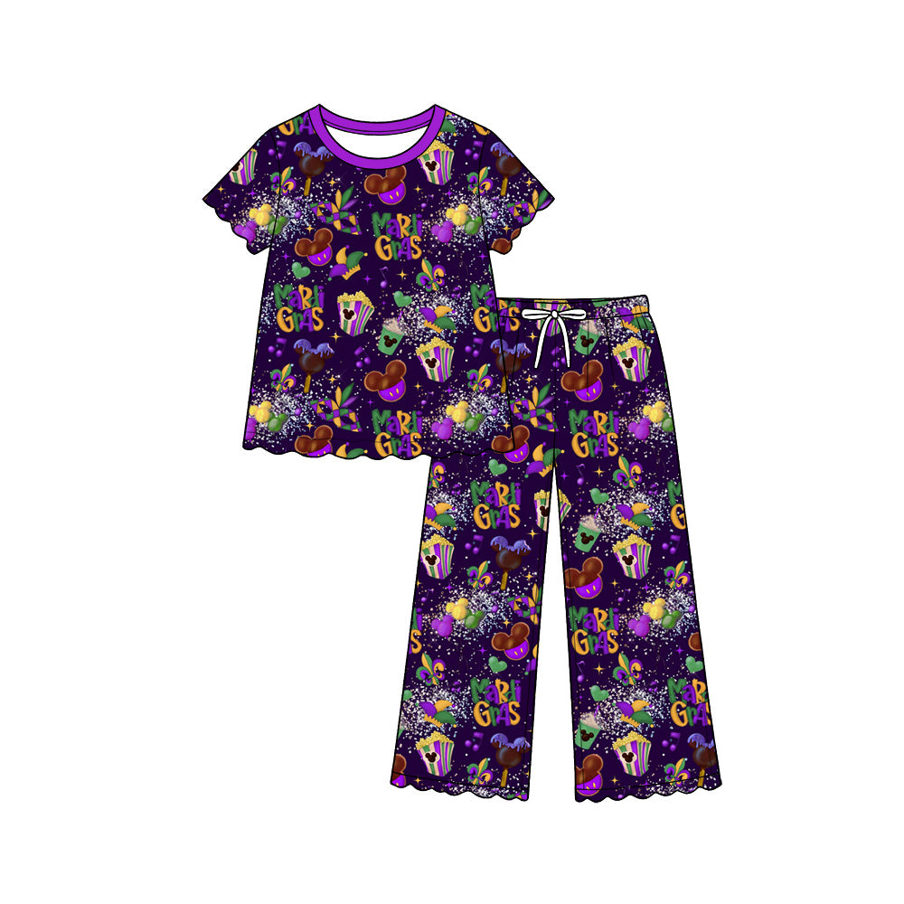 (Preorder new) No moq Toddler Girls Print Scalloped Trim Short Sleeve Top Wide Leg Pants Pajama Set