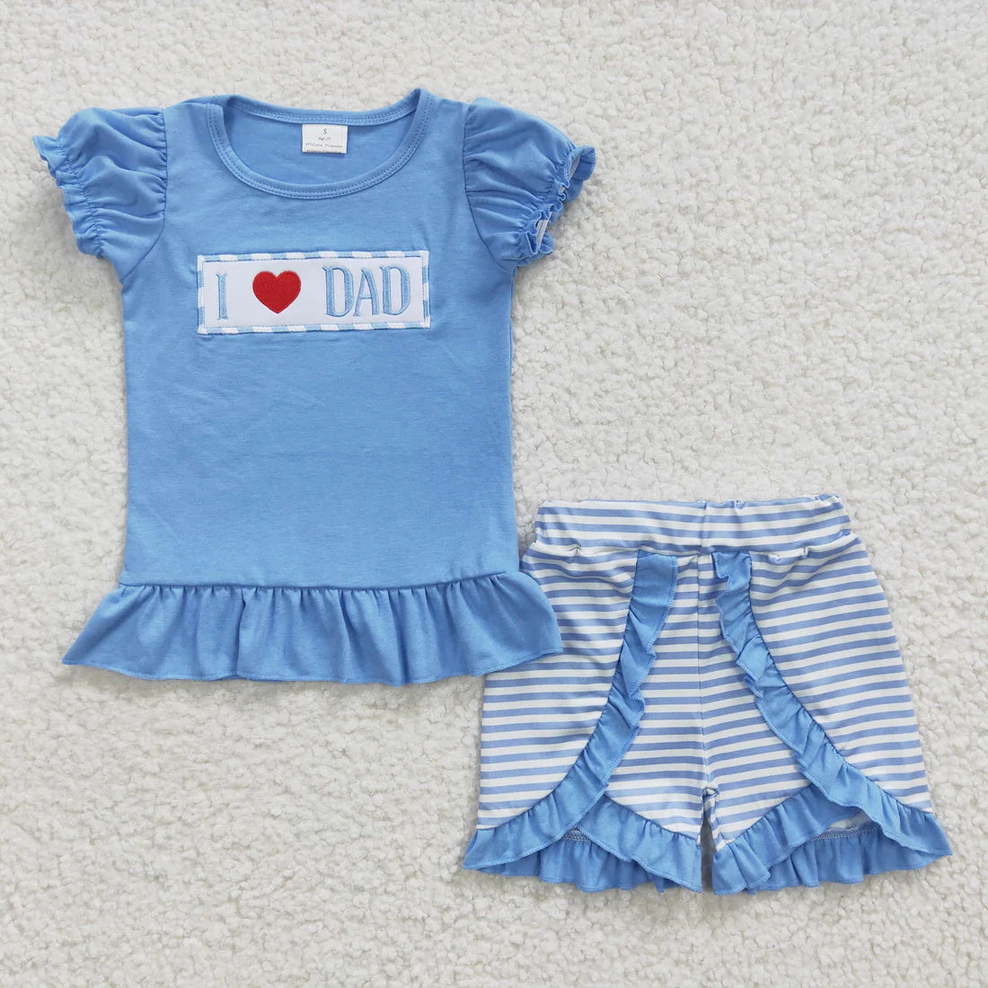 10.4 RTS Sibling Baby Girls Embroidery I Love Dad Top Ruffle Shorts Clothes Set