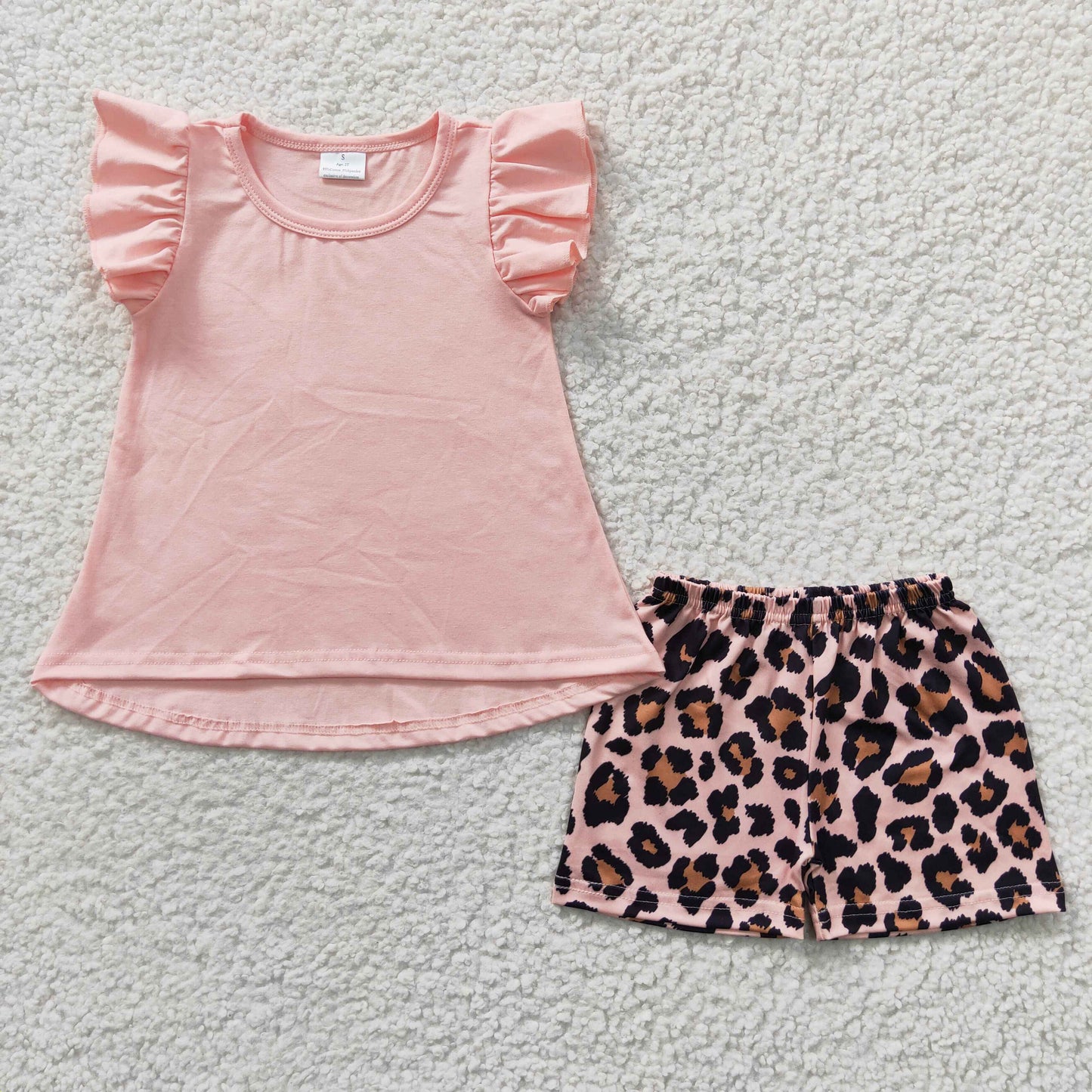 7.03 GSSO0246 Baby Girls Summer Outfits Pink Flying Sleeve Leopard Shorts Set
