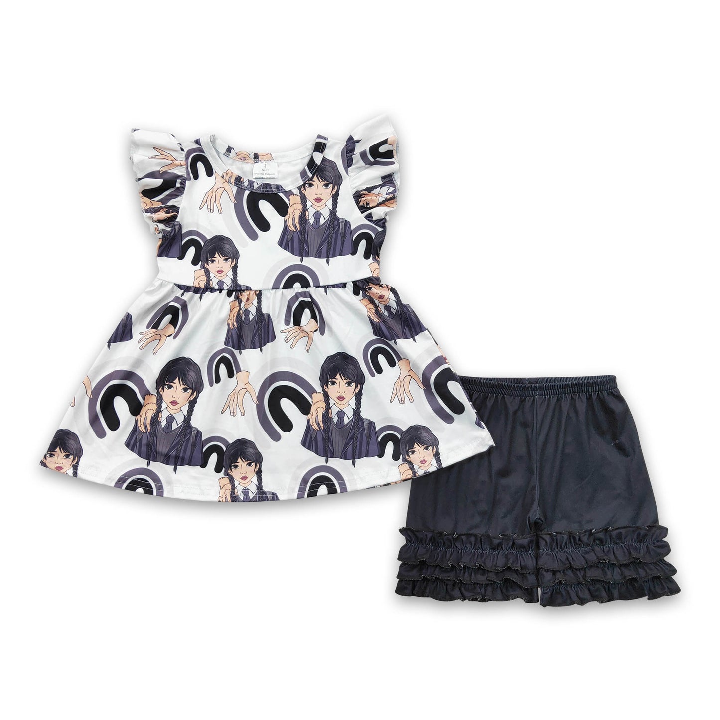 GSSO0259 Baby Girls Summer Outfits Baby Girls Black Movie Pearl Tunic Shorts Sets