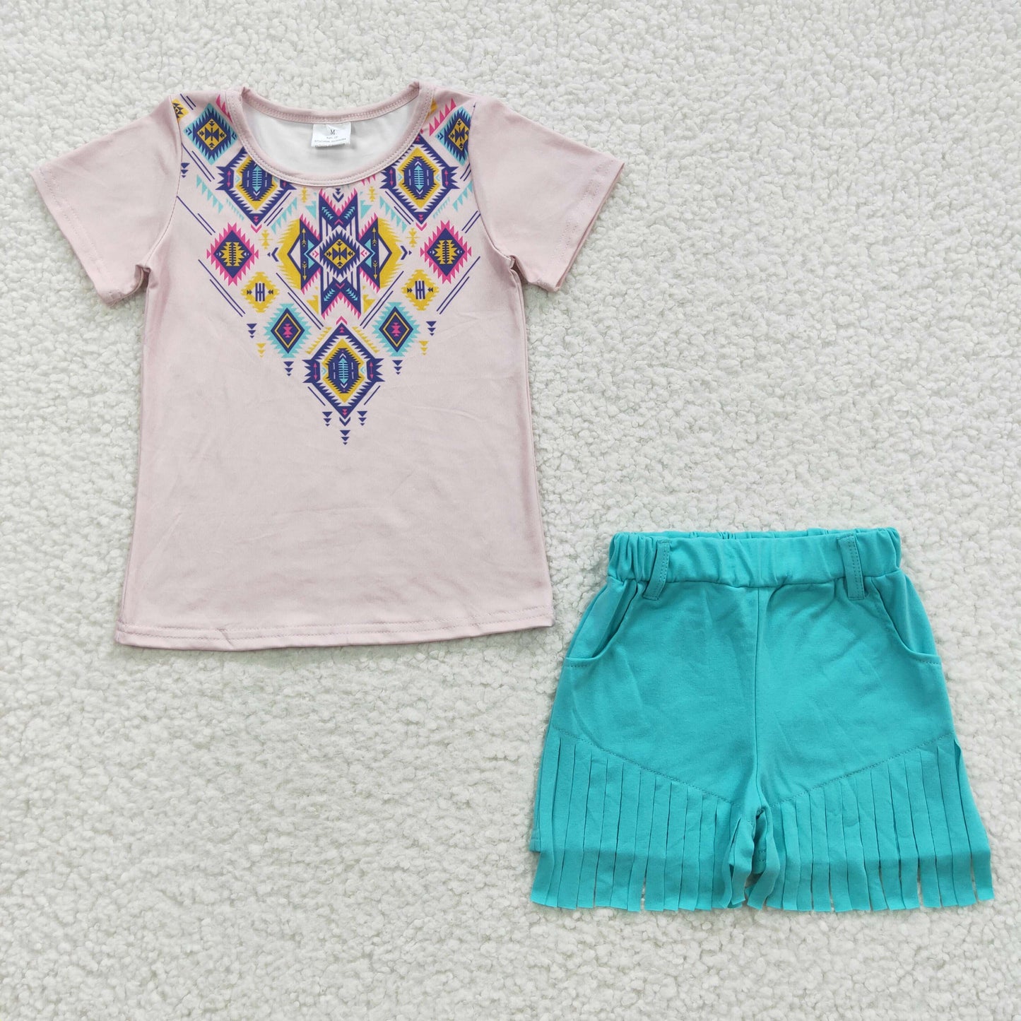 GSSO0272 Baby Girls Summer Outfits Geometric Pattern Short Sleeve Blue Fringed Shorts Set