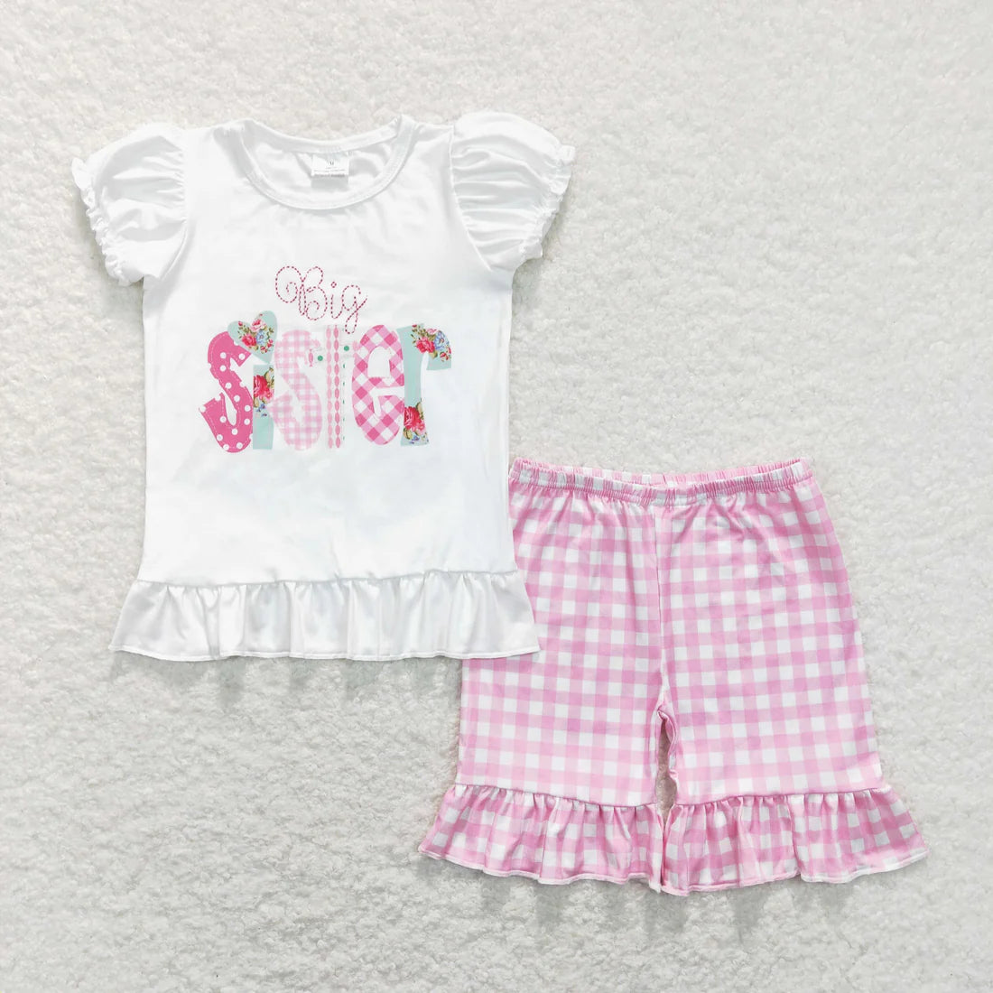 10.4 RTS Sibling Baby Girls Little Big Sister Tee Shirts Ruffle Plaid Shorts Clothes Sets