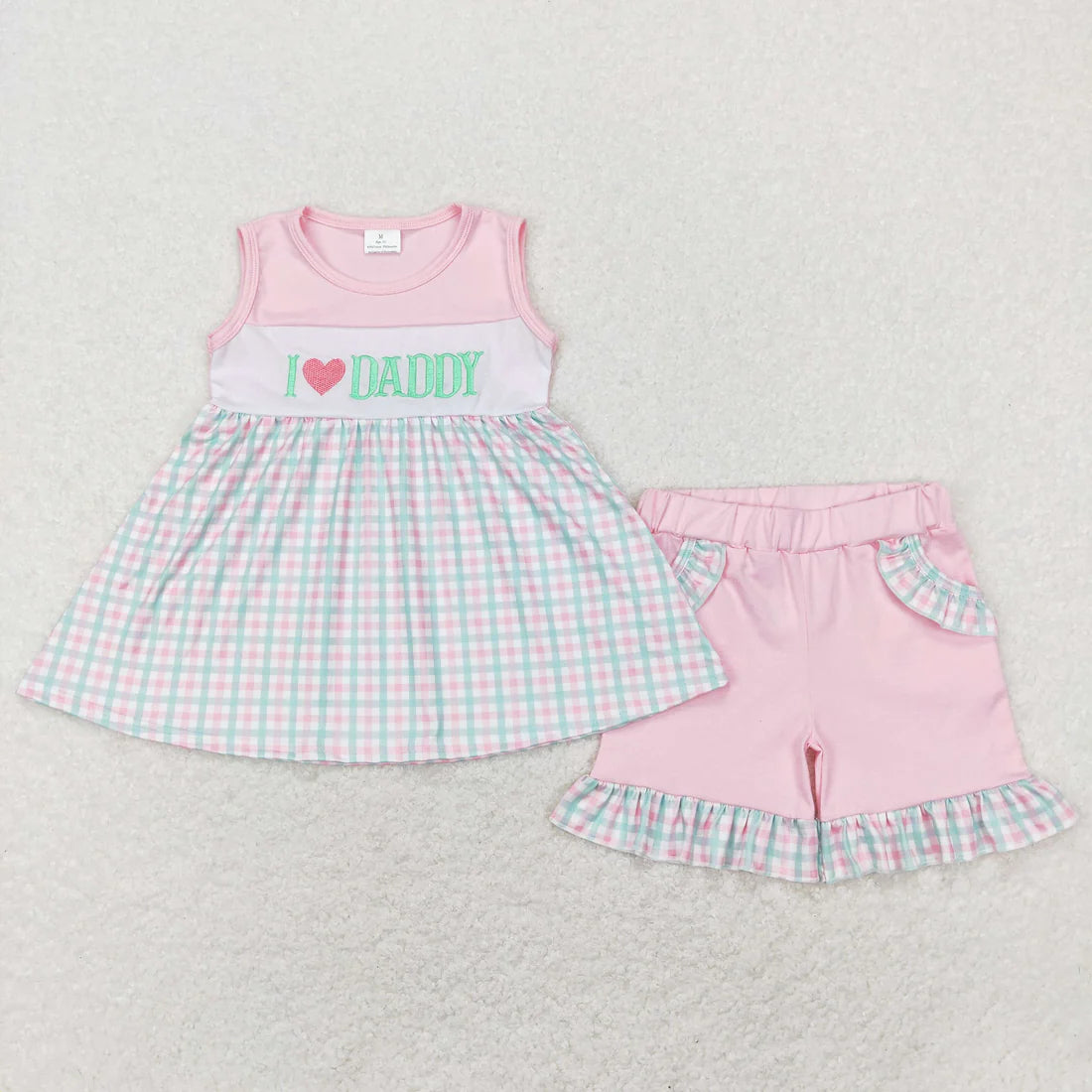 10.4 RTS Sibling Baby Girls Embroidery I Love Dad Top Ruffle Shorts Clothes Set