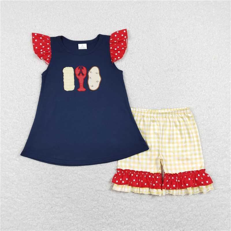 4.18 RTS NO MOQ Girls Navy Plaid Corn Crawfish Top And Shorts Set Cute Animal Print Outfit for Kids