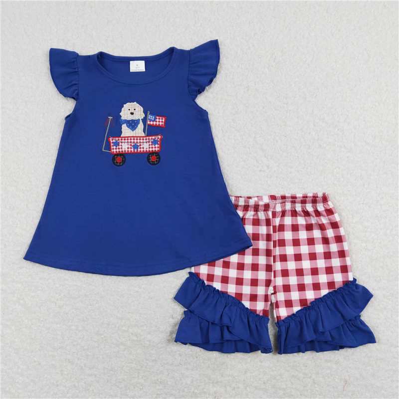 RTS Sibling Dog flag top plaid shorts boys 4th of july clothes rompers