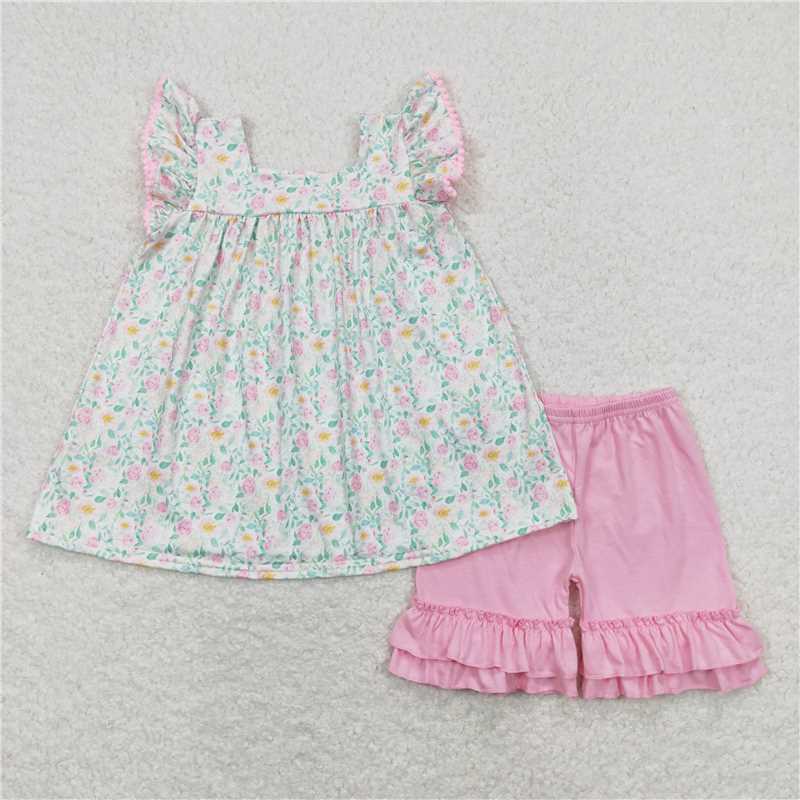 6.04 Girls Pink Floral Ruffle Shorts Summer Clothes with Flutter Sleeves for Kids
