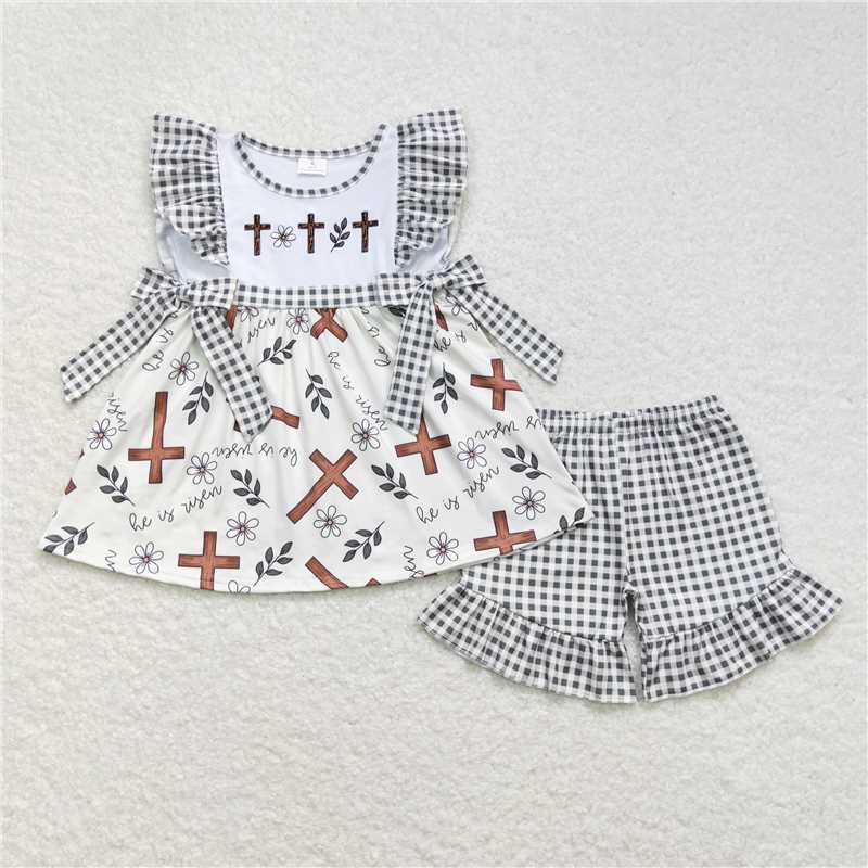 6.05 Girls Easter Outfits Cross Floral Tunic Plaid Shorts Set Spring Children's Clothing Girls' Matching Ensemble