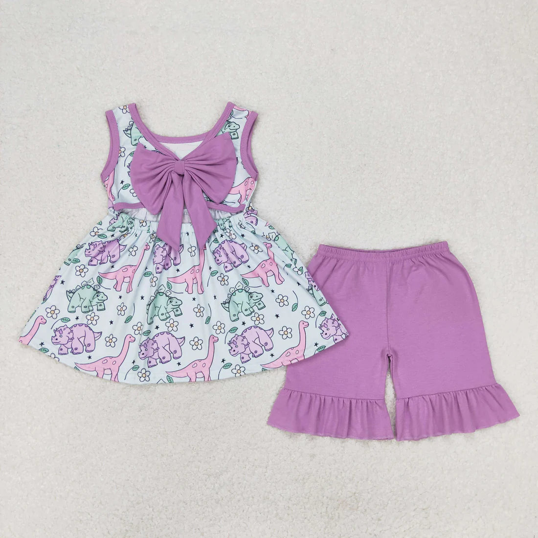 11.10 RTS Sibling Baby Girls Sleeveless Dinosaurs Floral Tunic Ruffle Shorts Clothes Sets