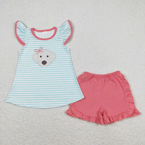 10.16 RTS Sibling Baby Girls Stripes Bows Dog Tunic Top Ruffle Shorts Clothes Sets