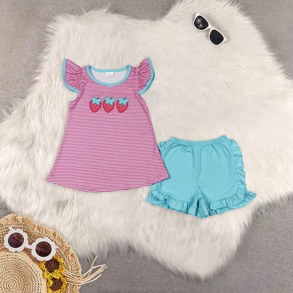 8.12 RTS Sibling Baby Girls Summer Outfits Flutter sleeves strawberry shirt ruffle shorts girls clothes