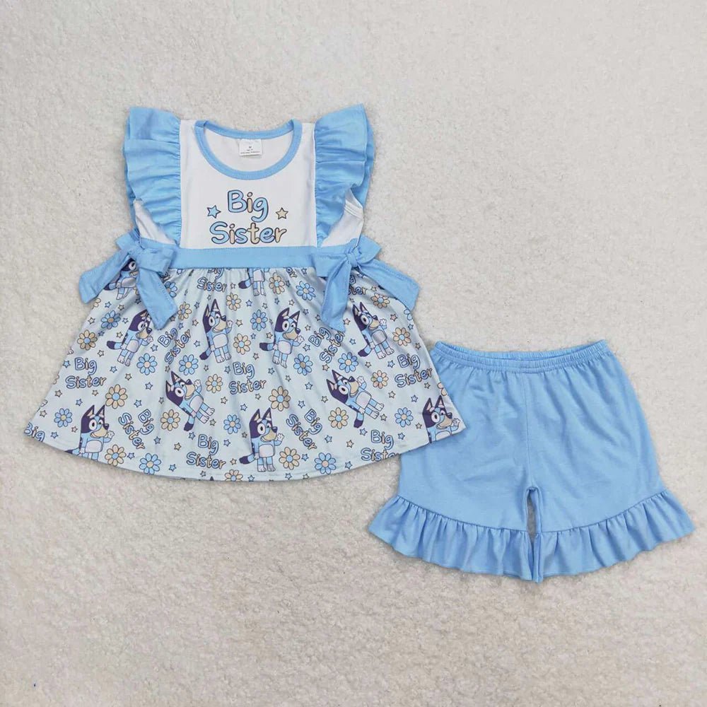 10.2 RTS Sibling Baby Girls Big Sister Floral Bows Tunic Ruffle Shorts Clothes Sets