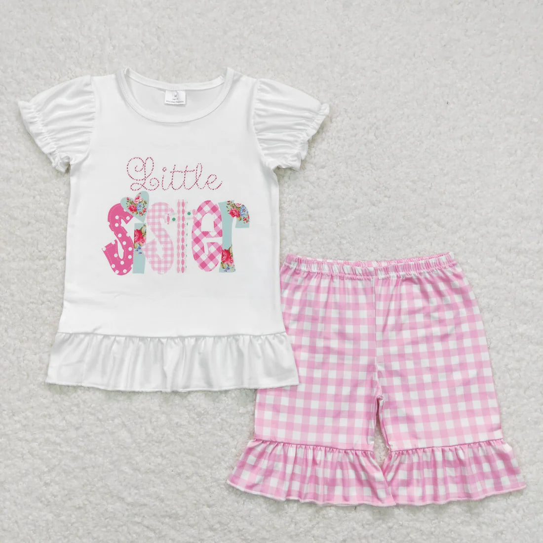 10.4 RTS Sibling Baby Girls Little Big Sister Tee Shirts Ruffle Plaid Shorts Clothes Sets