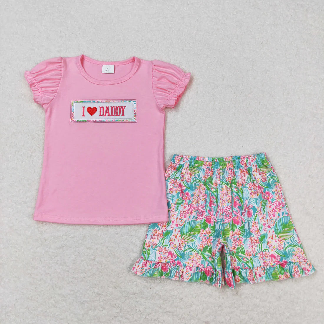 10.4 RTS Sibling Baby Girls Embroidery I Love Dad Top Ruffle Shorts Clothes Set