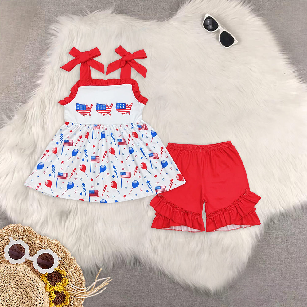 8.01 Sibling Red top balloon flag shorts boys and girls 4th of july clothes rompers